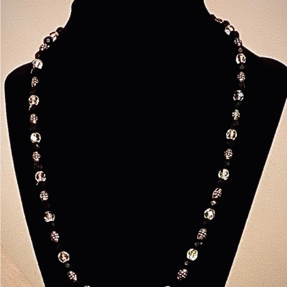 Necklace  Vintage Black, Silver& Clear Beaded